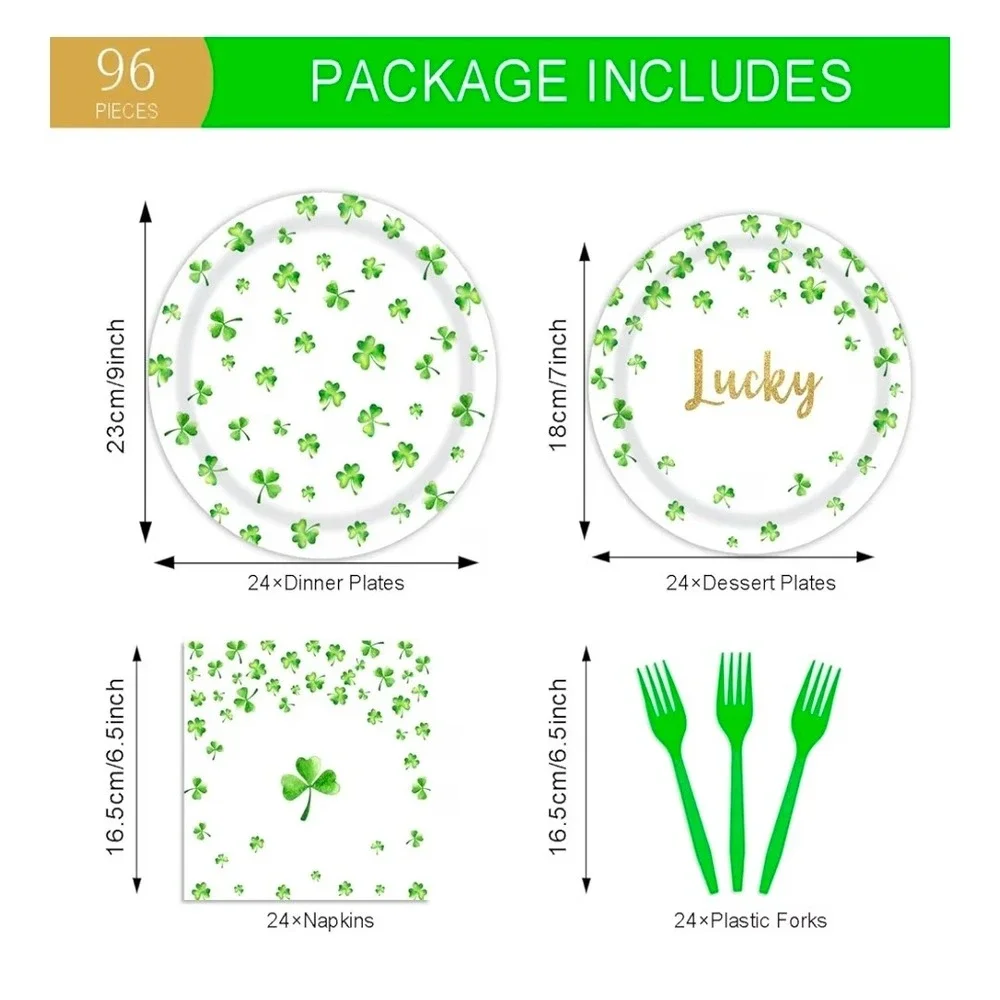 96pc St Patricks Day Party Supplies‎ Set Green Shamrock Plates Napkins Forks